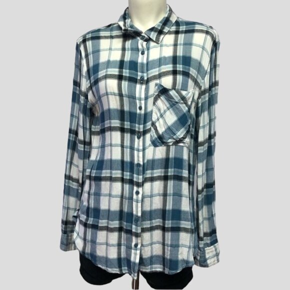 Garage Blue, Black & White Plaid Long Sleeve Button Down Shirt Size Small - Picture 1 of 8